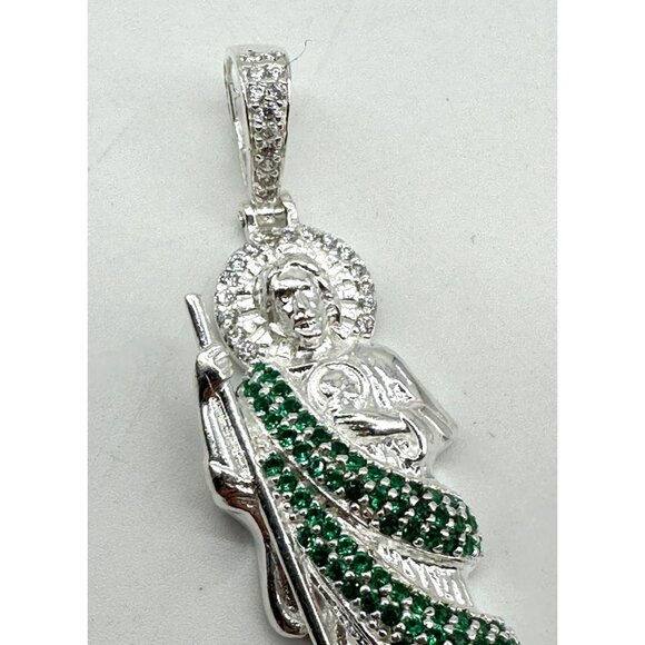925 Sterling Silver Pendant Unisex St Jude San Judas Tadeo Green & White CZ Ston - Picture 3 of 6